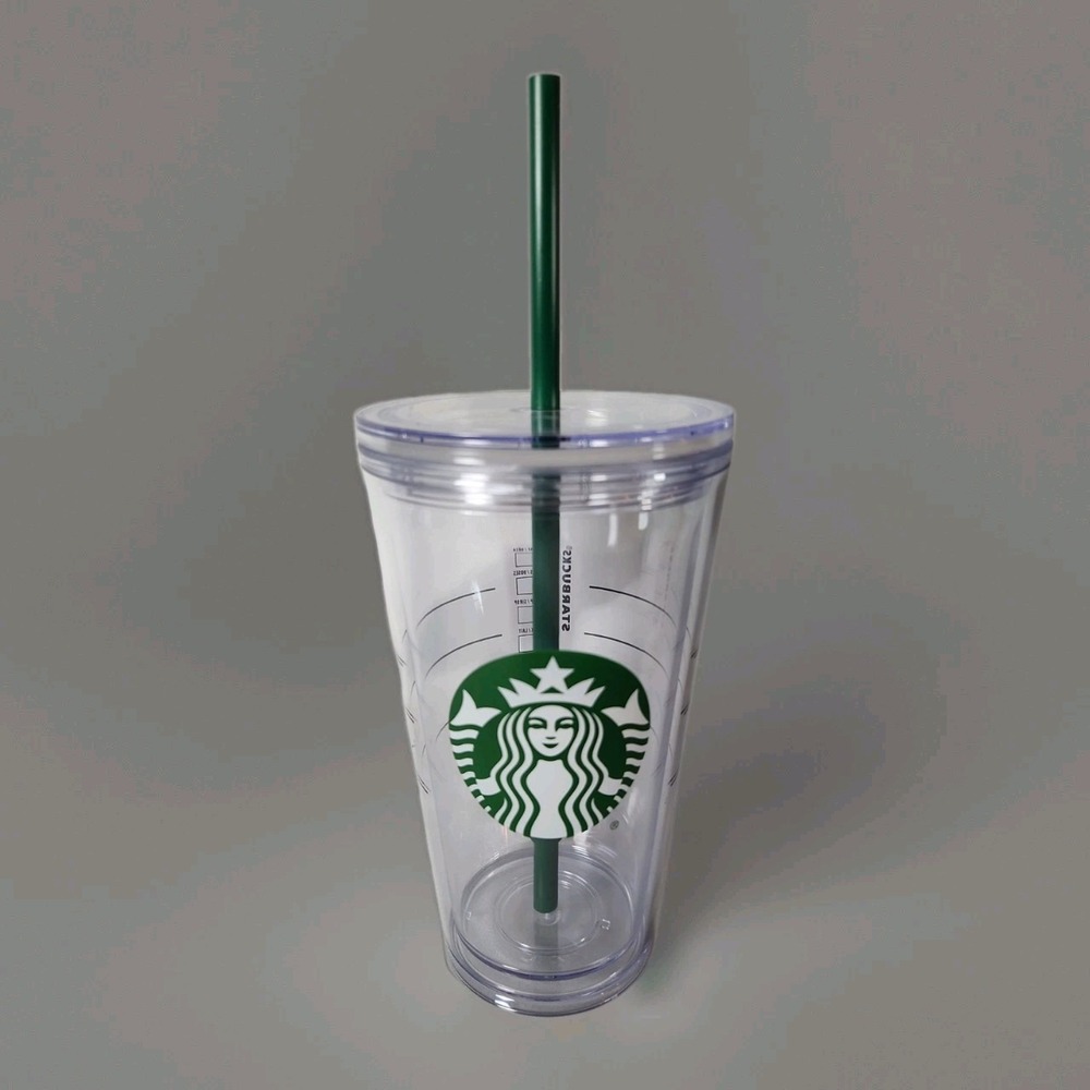 NWOT Starbucks Cold Cup Clear Grande 16 Oz Tumbler Traveler Green Straw Logo